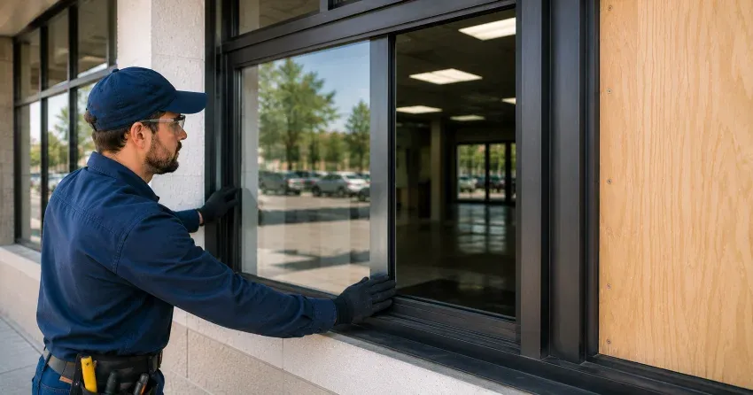 technician boarding a broken window after a break-in in Downtown Fenwick, Pelham