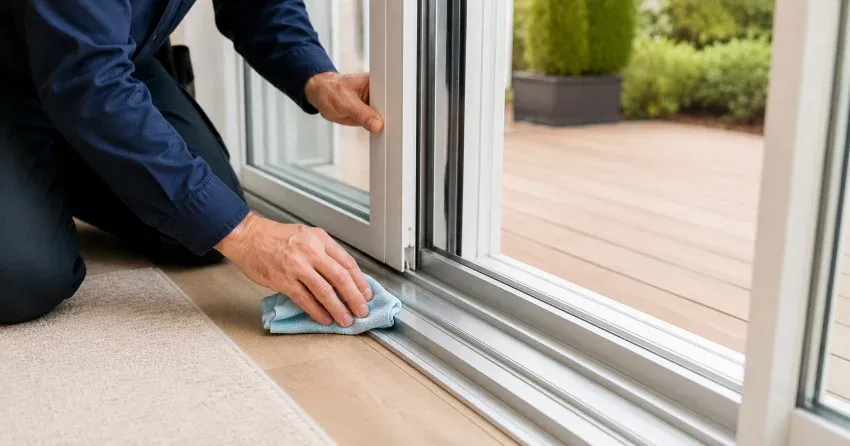 technician inspecting a sliding patio door track in Fonthill Kame Area, Pelham