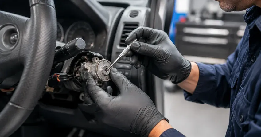 technician diagnosing an ignition lock repair issue in Pelham