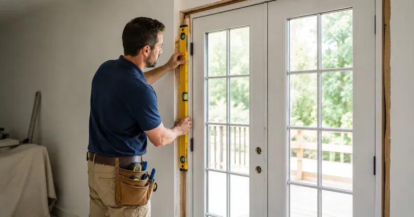 newly installed French doors with divided glass panes in Short Hills Area, Pelham
