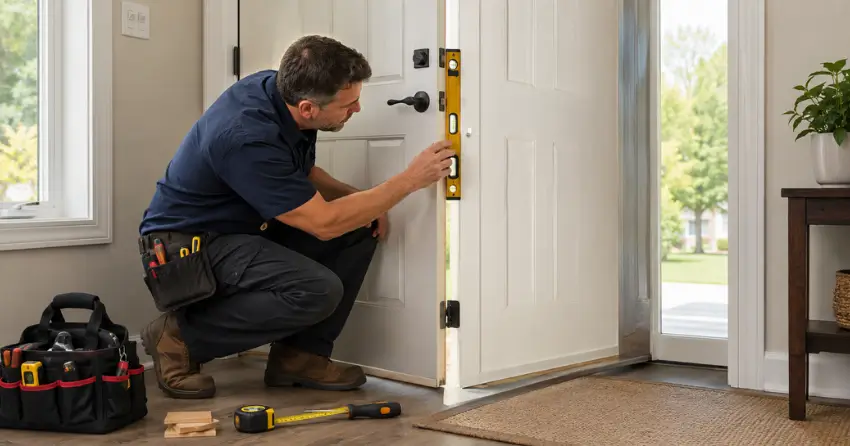technician diagnosing a misaligned door frame in Saffron Estates, Pelham