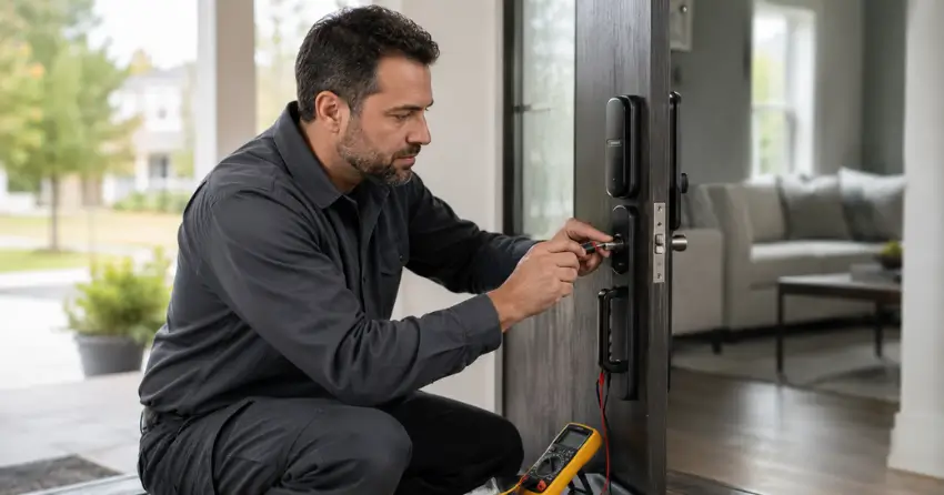 technician diagnosing automatic door lock mechanism on residential door in Pelham Union, Pelham