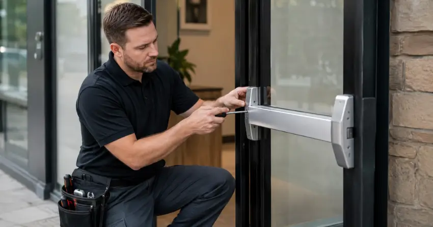 commercial locksmith repairing exit device on storefront door Effingham, Pelham