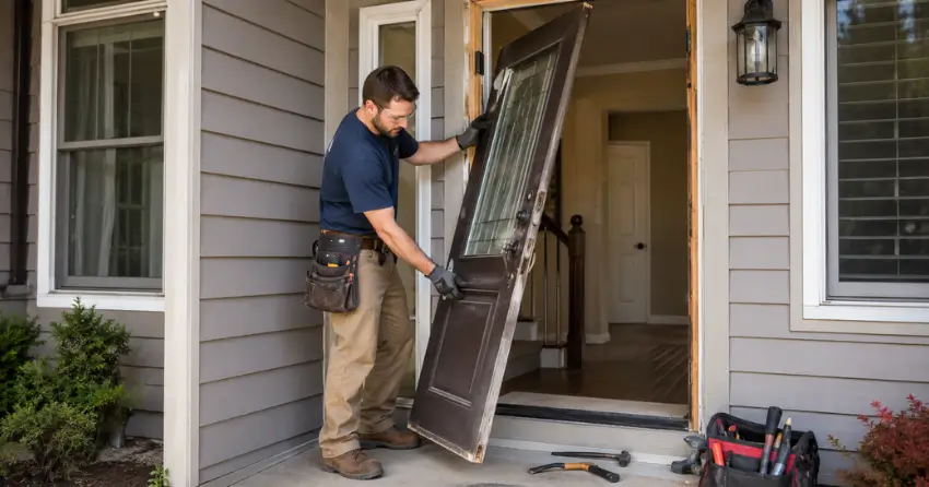 old exterior door being removed for replacement in Fenwick, Pelham