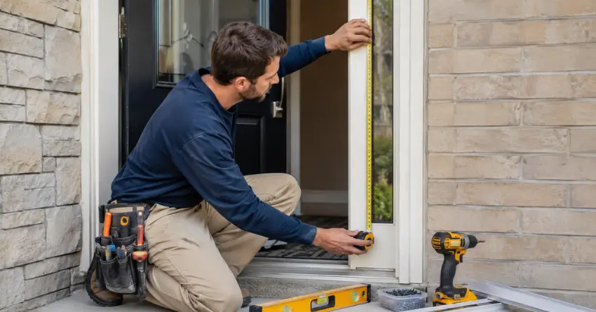 technician measuring door frame before storm door install in Pelham