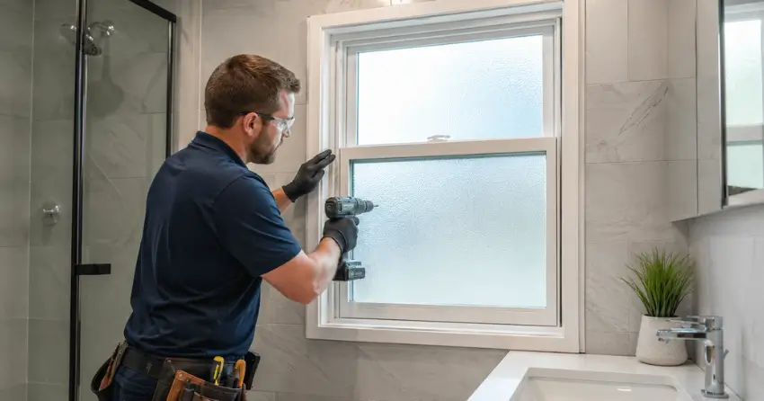 frosted glass installation bathroom window in Downtown Fonthill, Pelham