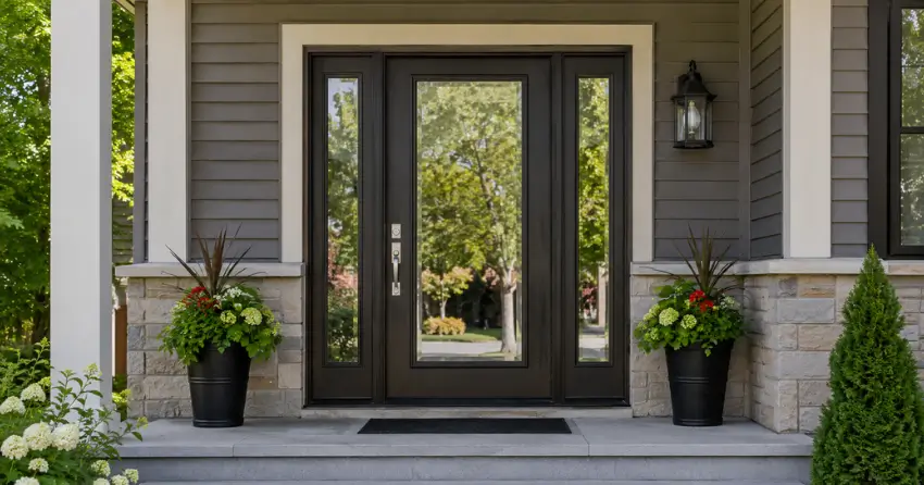 glass entry door with sidelights on a home in Lookout Point, Pelham