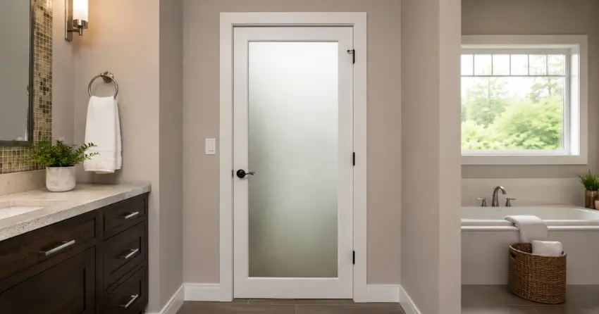 frosted glass panel bathroom door installed in a Lookout Point, Pelham home