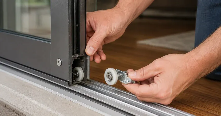 sliding door alignment Pelham technician adjusting roller track
