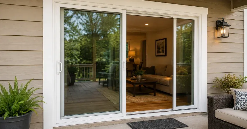 Patio Door Installation technician setting a new frame in Short Hills Area, Pelham