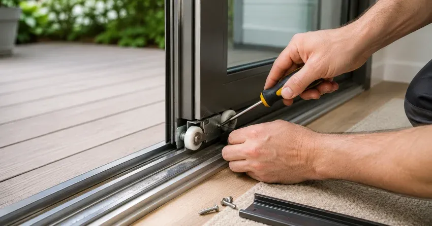 sliding door fix Fenwick, Pelham technician diagnosing track issue