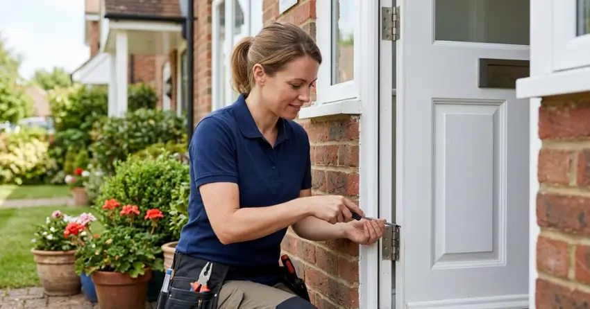 technician repairing exterior door hinge and frame in Pelham Corners, Pelham
