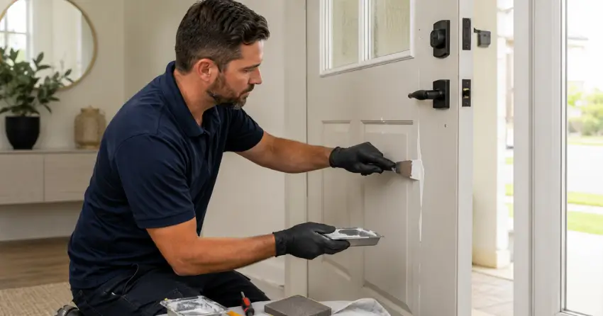 technician repairing fiberglass door surface crack in Effingham, Pelham