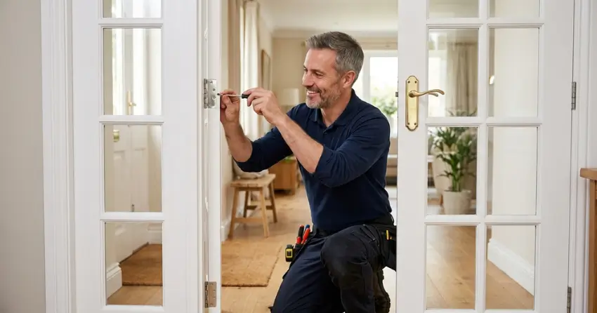 technician adjusting French door hinge for proper alignment in Short Hills Area, Pelham