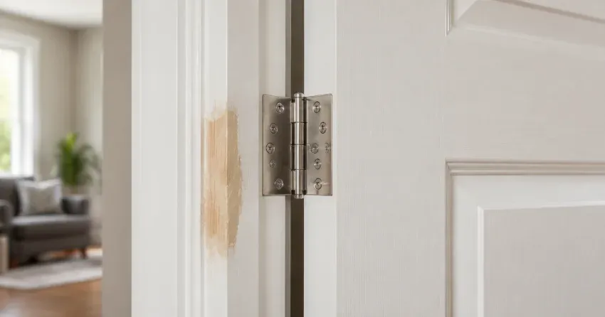 technician checking a warped door against a straightedge in Pelham